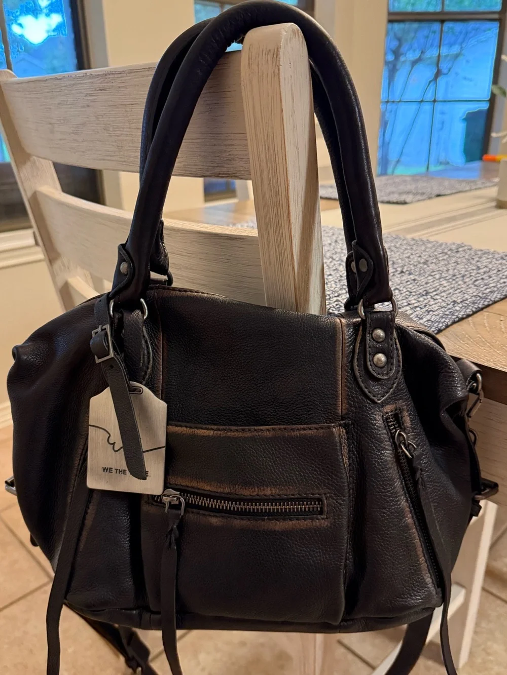 Free People Black Leather Satchel with Front Zipper Pocket